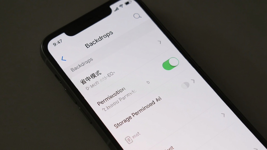 主体为手机屏幕展示Backdrops设置页面,布局为列表形式,排版清晰,风格简约,细节包括省电模式开关和存储权限选项,画质干净,无多余元素