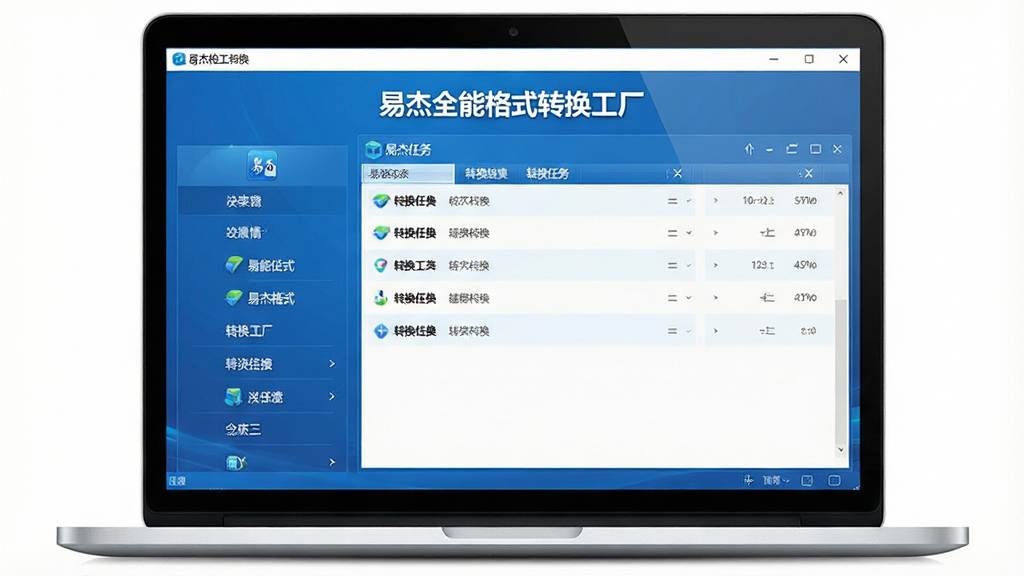 一张高清产品展示图,主体是笔记本电脑屏幕中显示易杰全能格式转换工厂的软件主界面,界面以蓝色为主色调,左侧为功能列表面板,右侧为转换任务列表,整体布局简洁清晰,风格现代科技感,细节展示软件图标和“易杰全能格式转换工厂”文字标题,画质清晰,干净,无多余元素