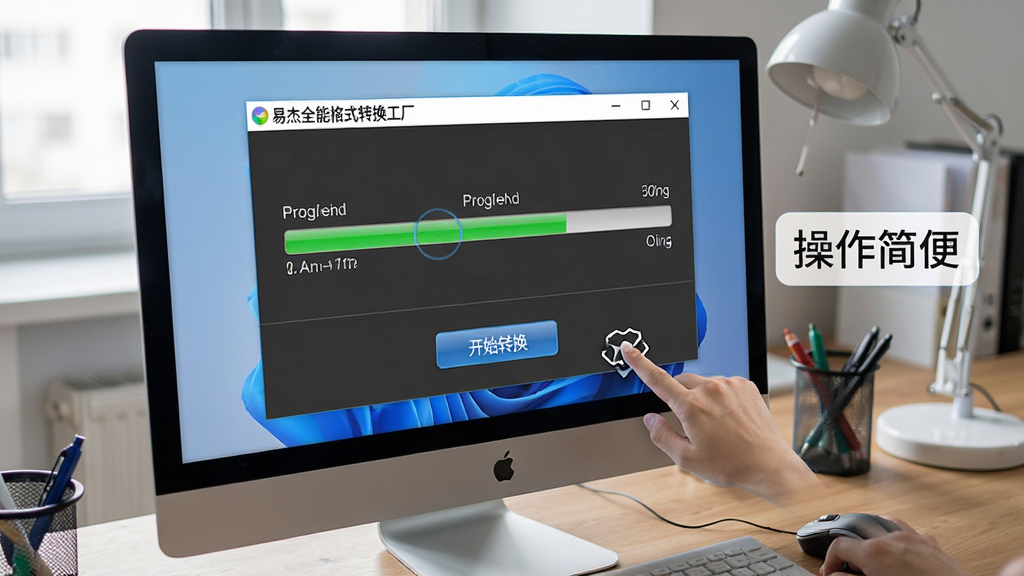 一张使用教程示意图,主体为电脑屏幕中显示易杰全能格式转换工厂的转换进行界面,进度条正在加载,界面下方有“开始转换”按钮,旁边有一只手正在点击鼠标,背景为办公桌面,风格写实,细节标注“操作简便”文字,画质干净,无多余元素