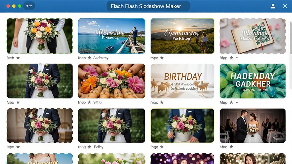 Flash Slideshow Maker模板选择界面预览图,展示多个不同风格的幻灯片模板缩略图,排列整齐,有婚礼、旅行、生日等主题,界面设计简洁,色彩鲜艳,画质清晰