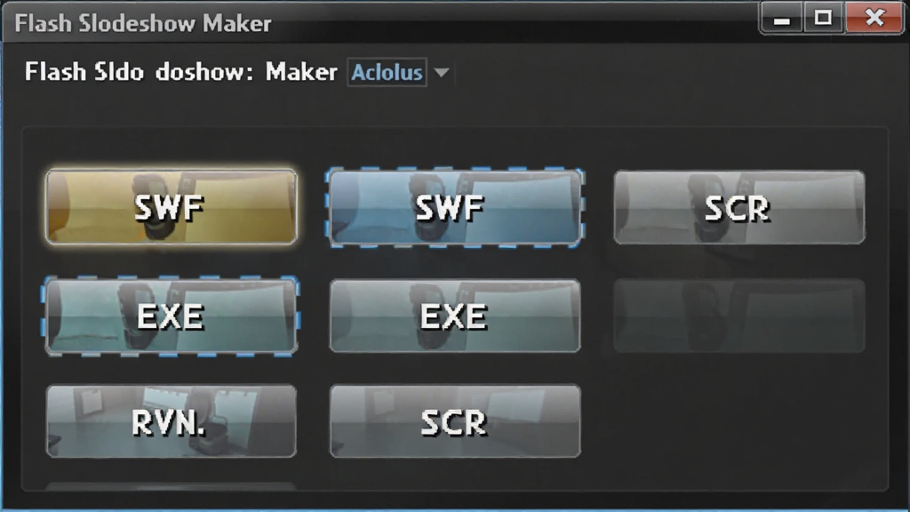 Flash Slideshow Maker导出设置界面,显示SWF、EXE、SCR等多种输出格式选项按钮,界面背景为深灰色,按钮高亮显示,整体风格专业,画质细腻