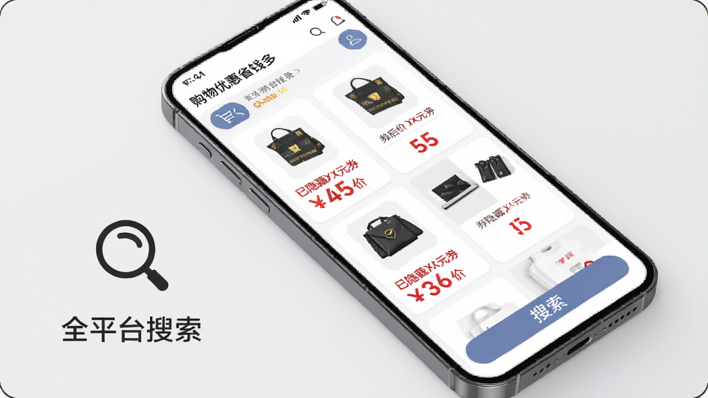 主体:一部手机正在展示“购物优惠省钱多”的搜索结果页,页面列出多个商品,每个商品下方显示“已隐藏XX元券”和“券后价”。布局:手机斜放,左侧有放大镜图标和“全平台搜索”字样,右侧是商品列表缩略图。排版:界面采用列表式布局,券后价用红色加大字体突出。风格:简约商务风,背景为浅灰色。细节:手机左上角有“购物优惠省钱多”字样,底部有“搜索”按钮。画质:4K清晰,干净明亮。