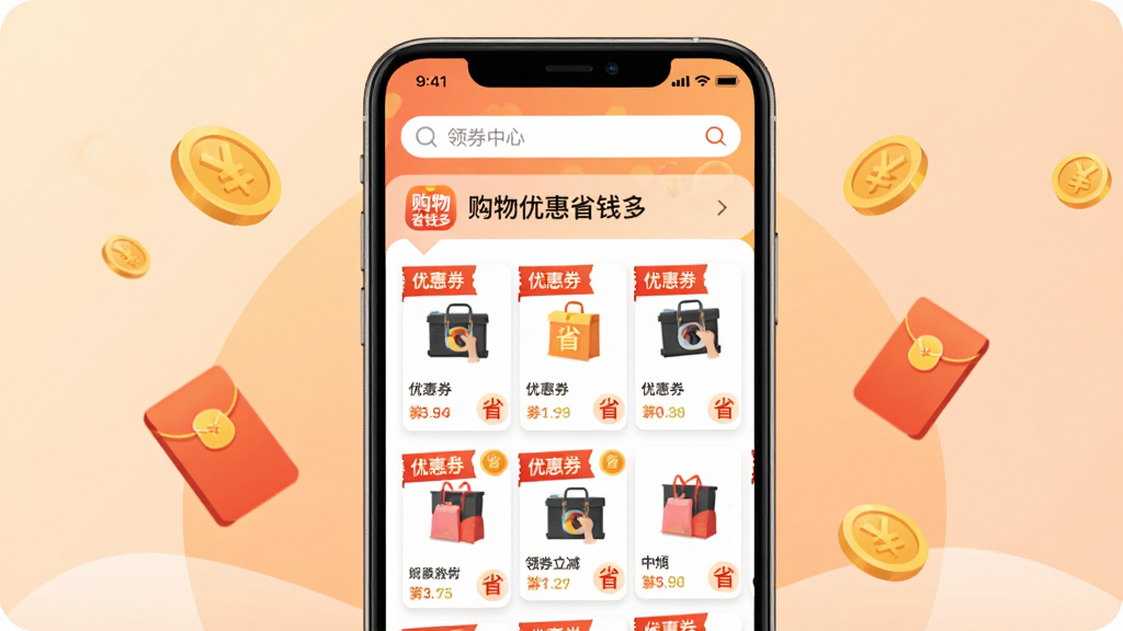 主体:手机屏幕展示“购物优惠省钱多”主界面,界面顶部有搜索框,下方列出多个商品卡片,每张卡片上带有“优惠券”红色标签和“省”字图标。布局:手机居中,背景为柔和的浅橙色渐变,周围漂浮着金币和红包元素。排版:界面信息清晰,卡片整齐排列,突出“领券立减”字样。风格:扁平化插画风,色彩明亮温暖。细节:手机屏幕内显示“购物优惠省钱多”LOGO和“领券中心”字样,商品图片清晰。画质:高清渲染,干净无多余元素。