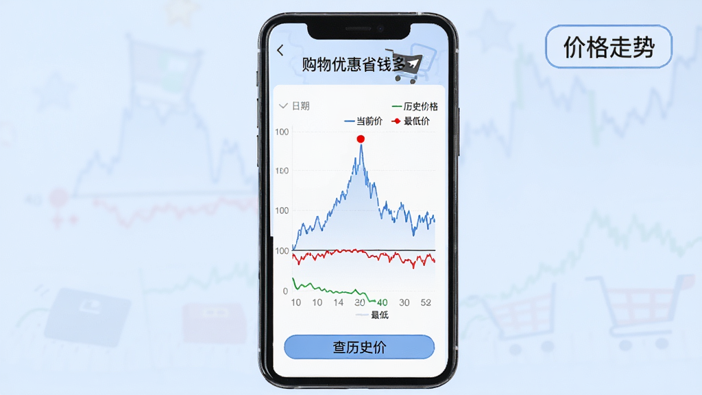 主体:手机屏幕上显示一个商品的历史价格折线图,横轴为日期,纵轴为价格,曲线有明显起伏,当前价格用红点标注。布局:手机竖屏居中,背景为淡蓝色,右上角有“价格走势”标签。排版:图表清晰,图例显示“历史价格”“当前价”“最低价”。风格:简洁数据可视化风格。细节:屏幕顶部有“购物优惠省钱多”字样,下方有“查历史价”按钮。画质:高清,无多余元素。