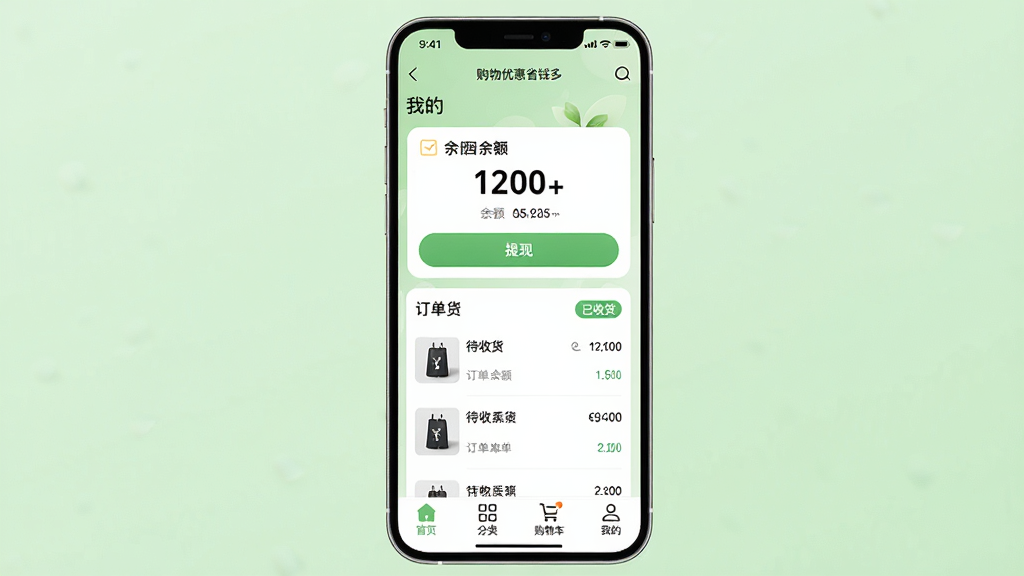 主体:手机屏幕上显示“购物优惠省钱多”的“我的”页面,显示余额、提现按钮和订单列表。布局:手机竖屏居中,背景为淡绿色,底部有“首页”“分类”“购物车”“我的”四个图标。排版:信息层次分明,余额用大号字体显示。风格:清新自然风。细节:屏幕上方有“购物优惠省钱多”字样,下方有“提现”按钮,订单列表中有“待收货”“已收货”标签。画质:高清,干净明亮。