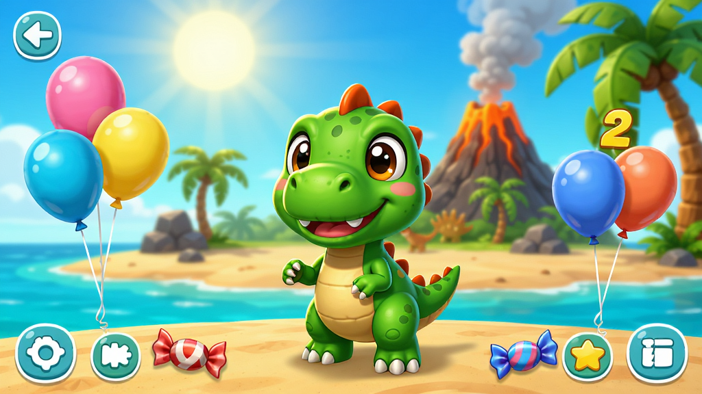 恐龙派对2游戏主界面预览图,画面中央是一只可爱的绿色小恐龙,周围环绕着彩色气球和糖果,背景是阳光明媚的恐龙岛屿,沙滩、椰子树、火山元素清晰可见,UI布局简洁明快,卡通渲染风格,色彩鲜艳饱满,画质高清,干净无多余元素
