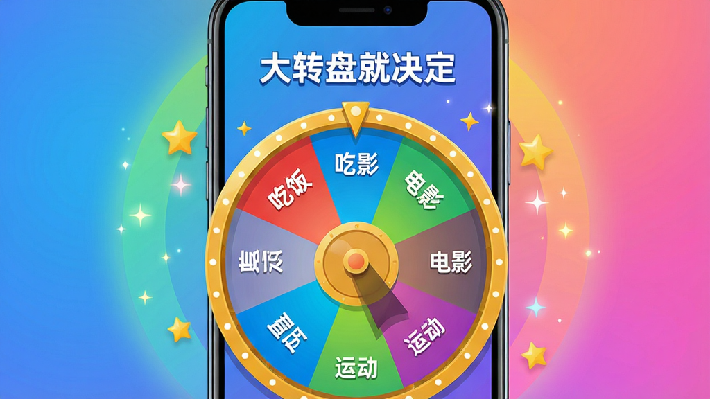 主体:一部亮着屏幕的手机,屏幕上显示“大转盘就决定”的彩色转盘界面,转盘上有“吃饭”、“电影”、“运动”等选项字样。布局:手机居中,背景为渐变色圆形光晕,转盘占据屏幕主体,指针指向其中一个选项。排版:转盘刻度均匀,选项文字清晰,顶部有“大转盘就决定”标题。风格:扁平化插画风格,色彩鲜艳明快,UI设计现代。细节:转盘边缘有金色描边,指针带有阴影,手机周围有星星和光点装饰。画质:高清渲染,干净,无多余元素。