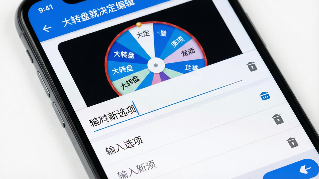 主体:手机屏幕特写,显示“大转盘就决定”的编辑页面,键盘弹出,光标在输入框内。布局:屏幕上方为转盘预览,下方为选项列表和添加按钮。排版:列表清晰,每个选项右侧有删除图标。风格:简洁的Material Design风格,白色背景搭配蓝色主色调。细节:转盘预览中选项文字实时更新,输入框有“输入新选项”提示文字。画质:高分辨率,干净,无多余元素。