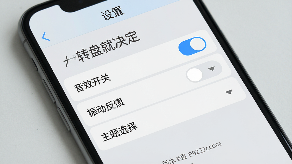主体:手机屏幕显示“大转盘就决定”的设置页面,有“音效开关”、“振动反馈”、“主题选择”等选项。布局:页面为列表式,每个选项右侧有开关或下拉菜单。排版:清晰规整,字体大小适中。风格:扁平化设计,浅灰背景,蓝色高亮。细节:顶部有“设置”标题,底部有版本号信息。画质:高清,干净,无多余元素。