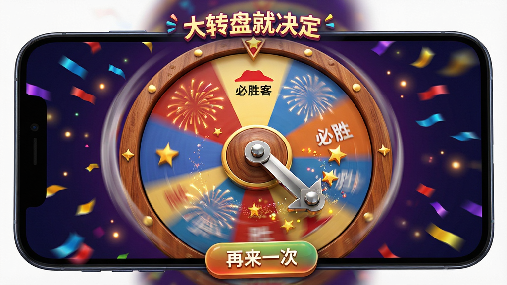 主体:手机屏幕显示“大转盘就决定”的转盘旋转动态画面,指针停在“必胜客”选项上,周围有烟花和星星特效。布局:转盘居中,四周散落彩色纸屑和光点,底部有“再来一次”按钮。排版:动态模糊效果体现旋转速度,停止瞬间特效集中。风格:3D渲染风格,色彩饱和度高,光影效果突出。细节:转盘表面有木质纹理,指针金属质感,特效粒子细腻。画质:4K高清,干净,无多余元素。