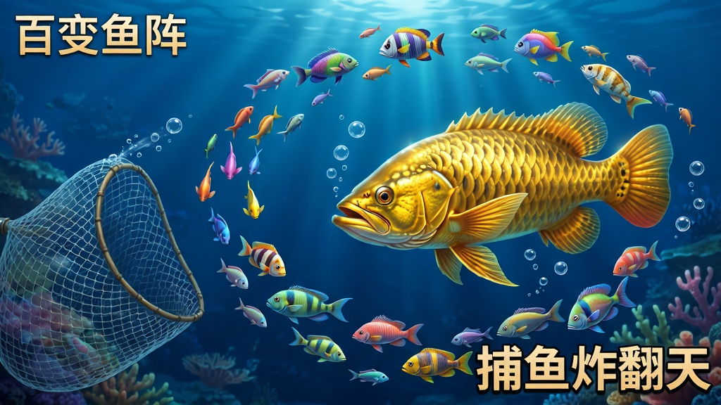 主体:游戏画面截图风格,展示一群五彩斑斓的鱼群在深蓝海水中游动,画面中央有一条巨大的金色龙鱼,周围环绕着小鱼群和气泡。布局:龙鱼位于画面中心偏右,鱼群呈螺旋状分布,左侧有渔网撒开的动态效果。排版:画面右下角显示“捕鱼炸翻天”的水印字样,左上角有“百变鱼阵”四个字。风格:游戏UI风格,界面清晰,色彩鲜艳,光影效果真实。细节:鱼鳞反光、水波纹理、渔网半透明质感,鱼群大小层次分明,远处有珊瑚礁。画质:4K高清,细节丰富,干净无多余元素。
