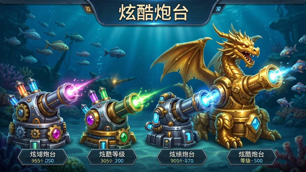 主体:游戏中的炮台展示界面,多个不同造型的炮台排列在屏幕下方,每个炮台闪烁着不同颜色的光芒,背景是海底战场。布局:炮台从左到右依次排列,大小不一,最右侧是一台金色巨龙造型的超级炮台,炮口对准前方鱼群。排版:画面顶部有“炫酷炮台”标题,每个炮台下方有名称和等级标签。风格:科技感与奇幻结合,金属质感与能量光效突出,UI风格精致。细节:炮台细节丰富,有齿轮、宝石、能量管等元素,炮口有发光特效,鱼群在远处游动。画质:高清渲染,光影层次分明,干净无多余元素。