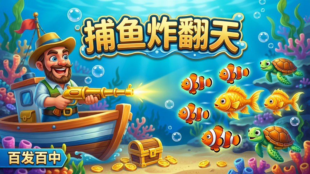 主体:一艘卡通风格的渔船在色彩斑斓的海底世界,船头站着一位神采奕奕的捕鱼人,手持金色渔枪,瞄准前方一群发光的鱼群。布局:捕鱼人位于画面左侧三分之一处,鱼群从右侧游来,形成视觉动线,背景是珊瑚礁、水草和气泡。排版:画面中央上方用艺术字写着“捕鱼炸翻天”,字体带有金色描边和波浪效果,左下角有“百发百中”小标语。风格:明亮卡通渲染,色彩饱和度高,整体氛围欢乐活泼。细节:鱼群中有小丑鱼、金龙鱼、海龟等,水泡晶莹剔透,渔枪发出金色光芒,海底有宝箱和金币点缀。画质:高清细腻,光影自然,干净无多余元素。