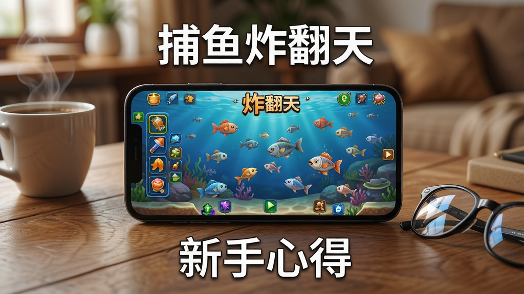 主体:一部智能手机横屏显示捕鱼炸翻天游戏界面,手机放在木质桌面上,周围有咖啡杯和眼镜,背景是温馨的室内环境。布局:手机居中,屏幕画面清晰可见,游戏界面显示捕鱼场景,左侧有道具栏。排版:手机屏幕上方有“捕鱼炸翻天”字样,下方有“新手心得”四个字。风格:生活化场景,自然光线,写实风格。细节:手机屏幕有细腻的游戏画面,桌上木纹清晰,咖啡杯有热气,眼镜反光。画质:高清写实,干净无多余元素。