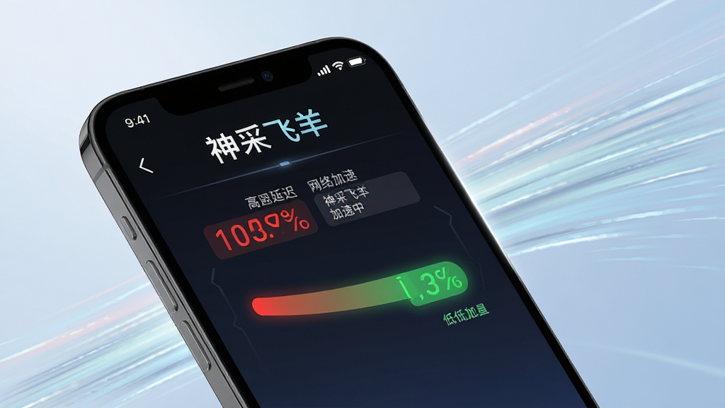 一张展示神采飞羊智能加速功能的界面截图,画面中手机屏幕显示“神采飞羊”加速中,网络延迟数字从红色高延迟降至绿色低延迟,背景有流畅的速度线条,整体风格科技感十足,排版清晰,画质干净明亮。