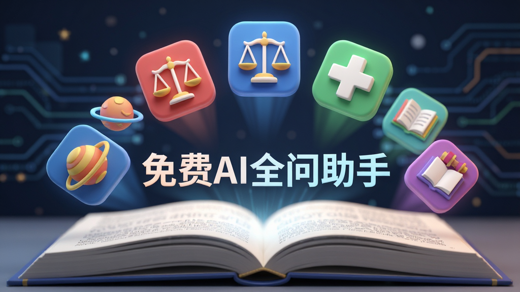 主体:打开的书本上浮起多个图标(如星球、法律天平、医学十字、书本等),中央有“免费AI全问助手”字样;布局:书本位于画面下方,图标呈扇形排列在上方;排版:图标排列整齐,文字居中;风格:3D渲染,科技感,色彩鲜艳;细节:每个图标有光影效果,整体有景深;画质:高清,干净,无多余元素