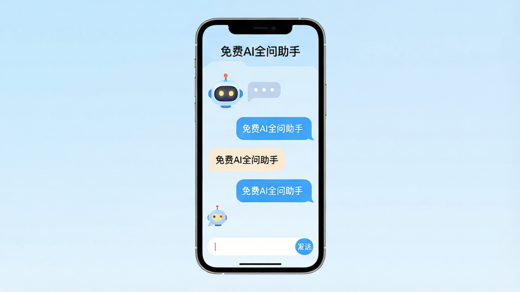 主体:一部智能手机屏幕显示“免费AI全问助手”的对话界面,界面中有卡通机器人头像和聊天气泡;布局:手机居中,背景为浅蓝色渐变,四周留白;排版:手机屏幕内显示几个问答气泡,底部有输入框和发送按钮;风格:扁平化,现代感,色彩明亮;细节:机器人眼睛发光,气泡中文字清晰,整体干净整洁;画质:高清,干净,无多余元素