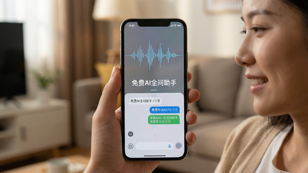 主体:用户对着手机说话,手机屏幕显示语音波形和“免费AI全问助手”文字;布局:用户手部特写与手机,背景为客厅;排版:手机屏幕居中,上方有语音波纹动画;风格:写实摄影风格,暖色调;细节:手机界面显示对话气泡,用户表情轻松;画质:高清,干净,无多余元素