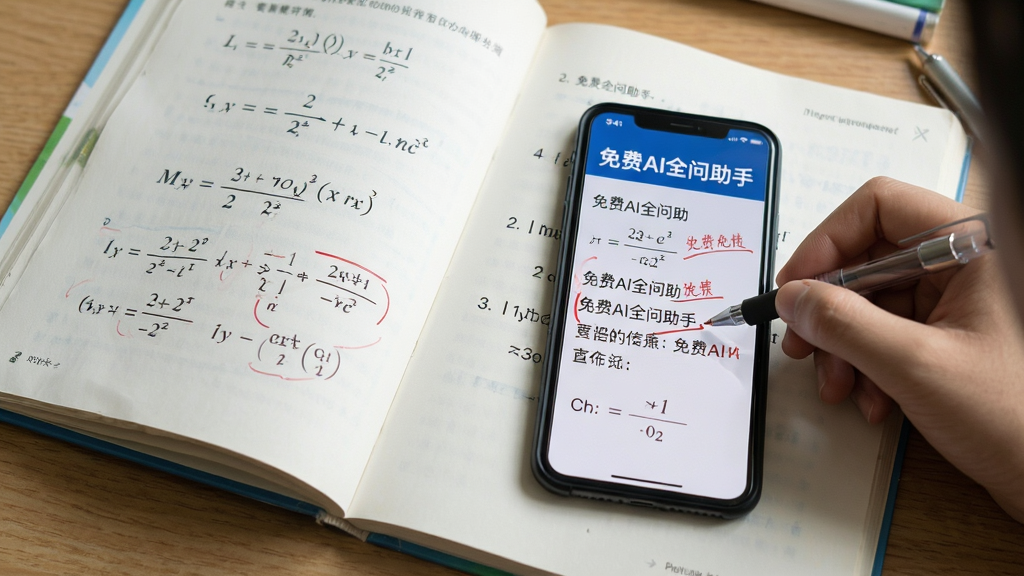 主体:学生书桌上放着手机和作业本,手机显示“免费AI全问助手”的讲解页面;布局:俯拍视角,书本与手机并列;排版:手机屏幕内显示数学公式和解题步骤;风格:写实摄影,自然光;细节:屏幕上有红色批注,笔尖指向题目;画质:高清,干净,无多余元素
