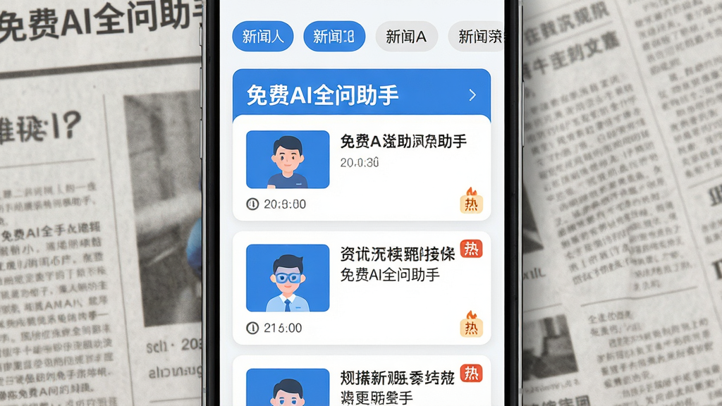 主体:手机屏幕显示“免费AI全问助手”的资讯卡片流,顶部有新闻分类标签;布局:手机竖屏居中,背景为报纸纹理;排版:卡片式布局,每条新闻有缩略图和标题;风格:扁平化,简约,蓝白配色;细节:时间戳和“热”字标签;画质:高清,干净,无多余元素
