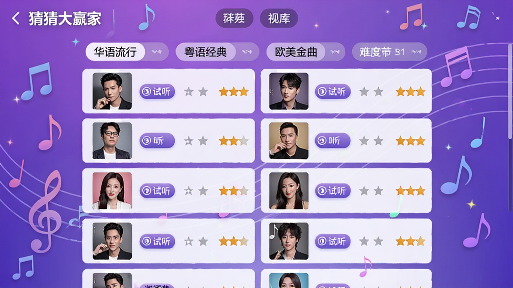 猜猜大赢家歌曲库界面截图,显示不同分类的歌曲列表,包括华语流行、粤语经典、欧美金曲等标签,每首歌旁边有试听按钮和难度星级,背景采用渐变紫色,音乐符号和音符装饰,界面干净整洁,画质清晰,无多余元素,突出“猜猜大赢家”的曲库丰富感。