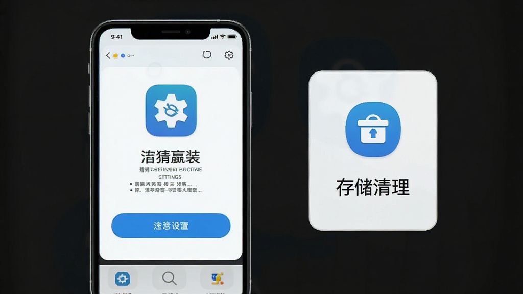 猜猜大赢家安装和设置步骤示意图,手机屏幕显示应用安装界面,旁边有设置图标和存储清理图标,整体布局清晰,画质高清,无多余元素,风格简洁明快。