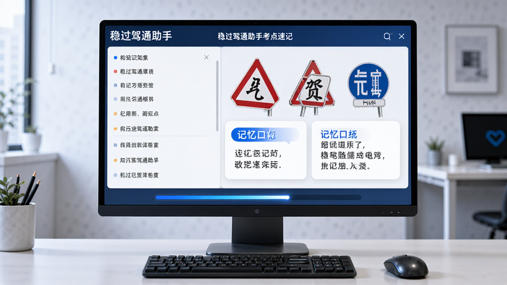 画面主体为电脑屏幕展示“稳过驾通助手”考点速记模块,左侧是知识点列表,右侧是交通标志图解和记忆口诀卡片,屏幕下方有进度条;桌面摆放着键盘和鼠标,背景为简约办公室环境,科技感风格,高画质,干净无多余元素。