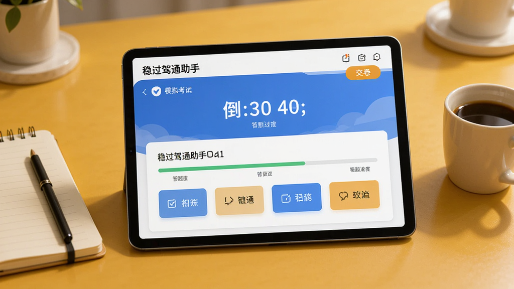 画面主体为平板电脑展示“稳过驾通助手”模拟考试界面,屏幕上显示倒计时和答题进度条,题目下方有四个选项按钮,右上角有交卷按钮;平板旁边放着笔记本和咖啡杯,背景为暖黄色书桌,写实风格,光线柔和,高画质,干净无多余元素。