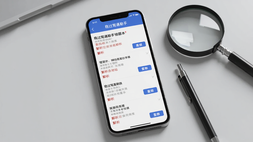 画面主体为手机屏幕展示“稳过驾通助手”错题本页面,列表中有多道错题,每道题下方有红色解析文字和“重做”按钮;手机旁边有一个放大镜和一支笔,背景为浅灰色桌面,极简风格,高画质,干净无多余元素。