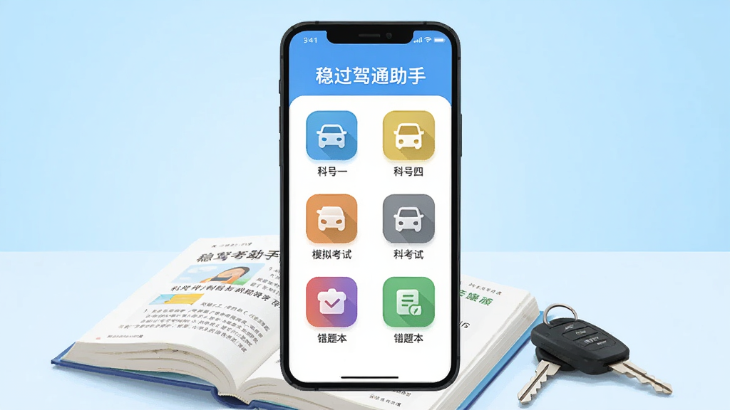 画面主体为一部智能手机屏幕展示“稳过驾通助手”APP主界面,界面内有科目一、科目四、模拟考试、错题本等彩色功能图标,排列整齐;手机下方放着一本打开的驾考教材和车钥匙,背景为浅蓝色渐变,整体风格清新明亮,扁平化插画风格,高画质,干净无多余元素。
