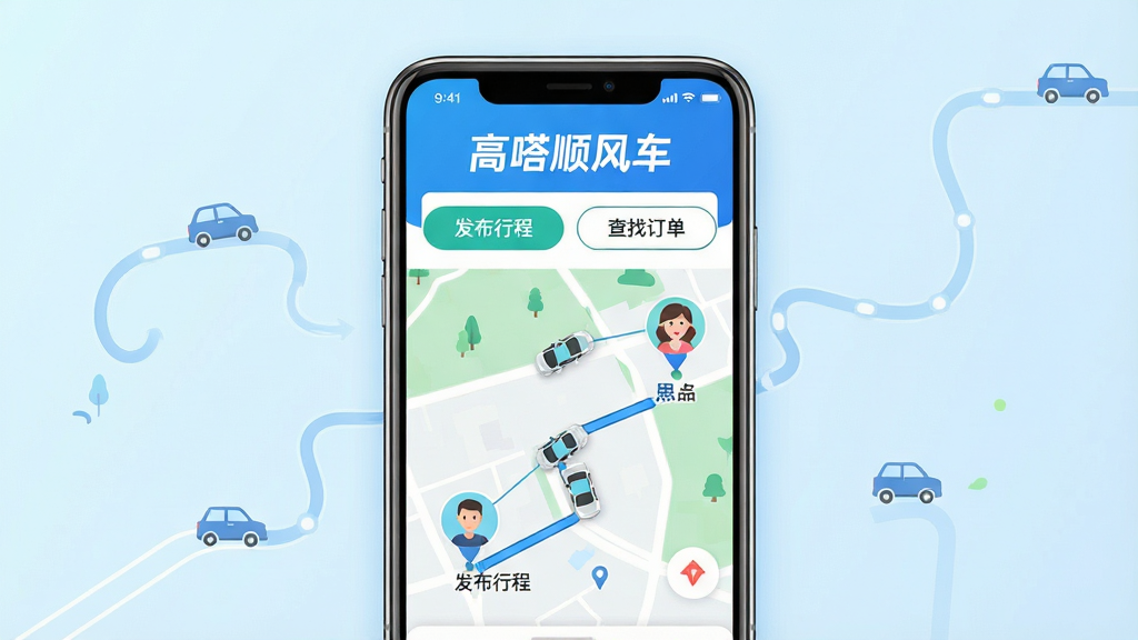 主体:高嗒顺风车APP界面展示,手机屏幕内呈现地图路线与匹配成功的车主与乘客头像,界面顶部显示“高嗒顺风车”品牌字样,下方有“发布行程”和“查找订单”两个按钮;布局:手机居中,背景为淡蓝色渐变,周围有简洁的路线线条和车辆图标点缀;排版:手机界面元素清晰,文字可读,品牌名突出;风格:现代扁平化设计,色彩清新明亮,整体氛围积极向上;细节:地图上显示起点与终点标记,车辆图标沿路线移动,乘客与车主头像通过连线连接,体现匹配成功;画质:高清渲染,干净无多余元素,适合应用商店宣传图。