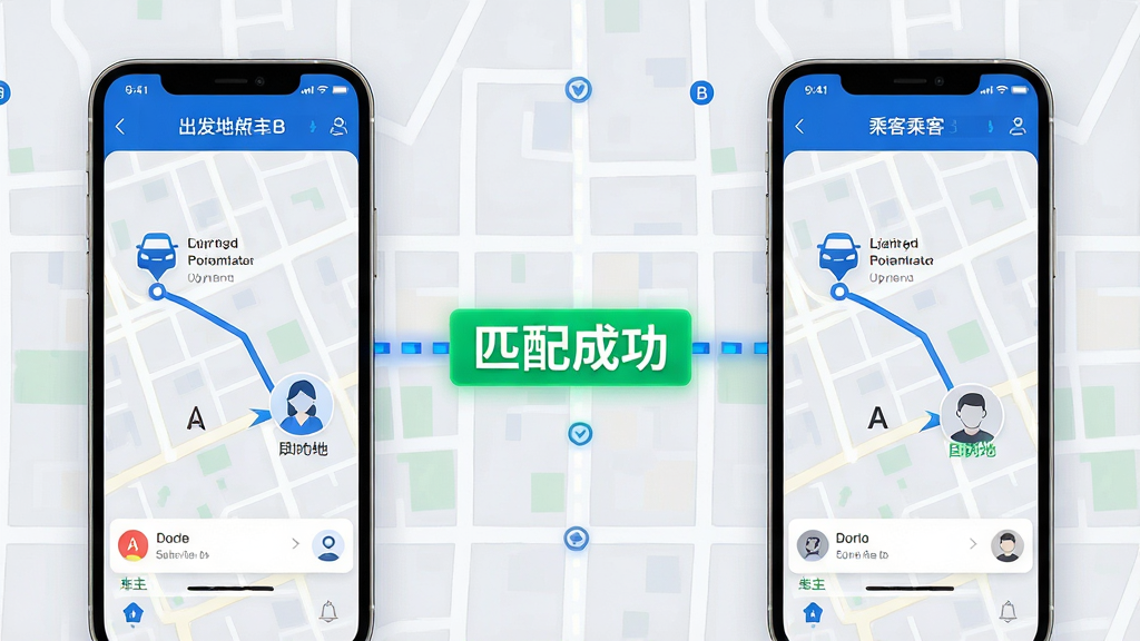 主体:高嗒顺风车智能匹配功能示意图,左侧为车主手机界面显示出发地与目的地,右侧为乘客手机界面显示相同路线,中间用虚线连接并显示“匹配成功”字样;布局:左右对称,中间连接线醒目,背景为浅灰色地图网格;排版:界面元素清晰,文字标注简洁;风格:科技感与实用性结合,蓝色主调;细节:地图上有起点A和终点B的标记,车辆图标与人物头像在两端呼应,匹配成功提示使用绿色高亮;画质:高清渲染,干净无多余元素。