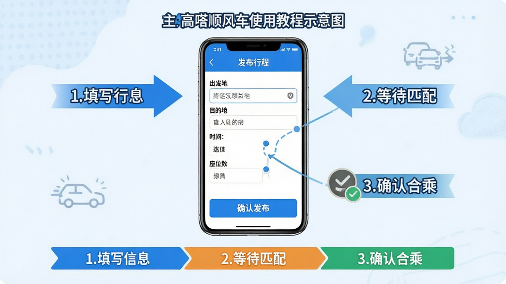主体:高嗒顺风车使用教程示意图,手机屏幕显示“发布行程”页面,包含出发地、目的地、时间选择、座位数输入框,底部有“确认发布”按钮;布局:手机居中,周围有步骤指示箭头,标注“1.填写信息”“2.等待匹配”“3.确认合乘”;排版:文字清晰,步骤条位于手机下方;风格:教学风格,浅色背景,蓝色主调;细节:输入框内有示例文字,确认按钮高亮,步骤条用不同颜色区分;画质:干净,无多余元素。
