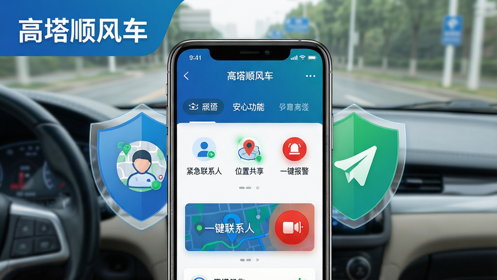 主体:高嗒顺风车安全功能展示,手机屏幕显示行程中界面,包含“紧急联系人”、“位置共享”、“一键报警”三个图标按钮,背景为行驶中的车辆内景;布局:手机屏幕占据画面中央,周围有盾牌形状的安全标识,左上角显示“高嗒顺风车”字样;排版:图标排列整齐,文字说明清晰;风格:稳重安全风,蓝色与绿色搭配;细节:位置共享图标显示实时地图,紧急联系人头像显示在线状态,一键报警按钮为红色醒目;画质:高清干净,突出安全感。