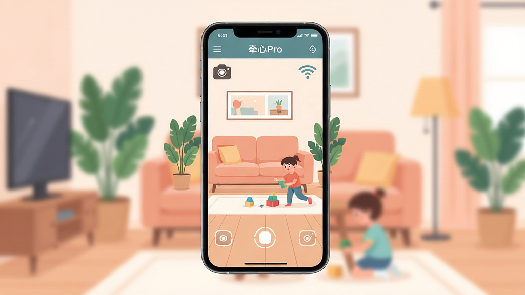 画面主体为一部智能手机悬浮在温馨家庭客厅场景中央,手机屏幕中显示“牵心Pro”App的实时监控画面,画面清晰展示客厅内沙发、绿植和玩耍的儿童;布局采用手机居中、背景家庭环境虚化处理,排版简洁大气;风格为现代扁平化插画,色调柔和明亮;细节包括手机屏幕上的摄像头视角图标、Wi-Fi信号标识;画质高清干净,无多余元素