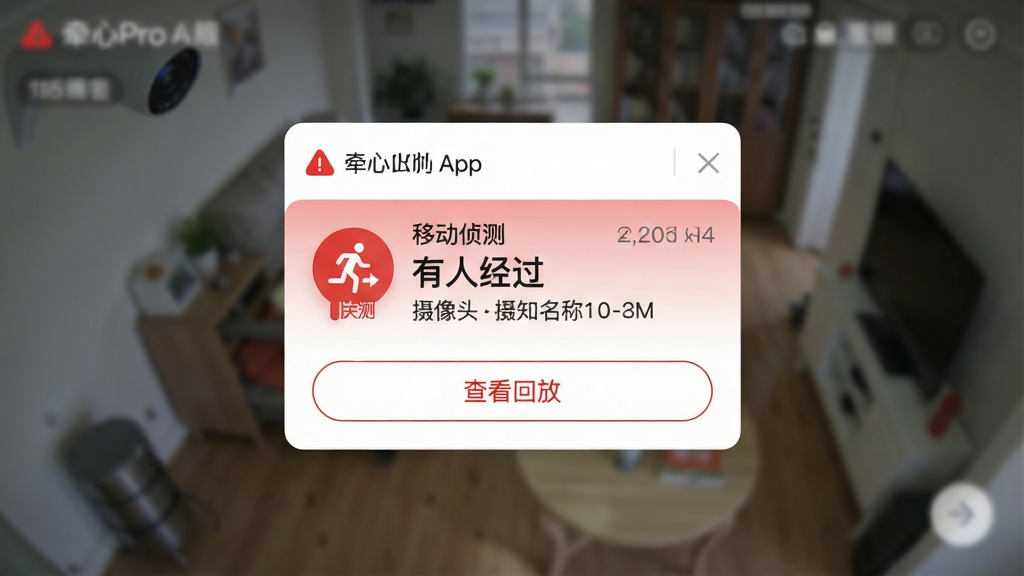 画面主体为牵心Pro手机App的报警通知界面,屏幕中央显示一条红色报警卡片,卡片上有“移动侦测”图标和“有人经过”文字提示,下方带有“查看回放”按钮;布局为卡片居中,背景为模糊的监控画面;风格为UI设计稿质感,配色为白底红点;细节包括通知时间、摄像头名称;画质干净无多余元素