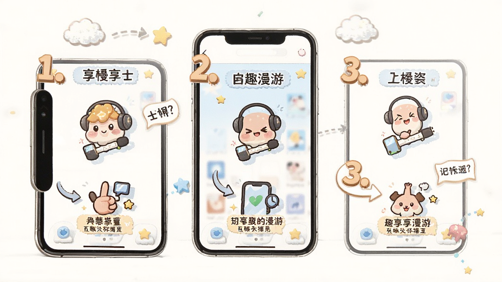 一张趣味性的使用教程示意图,主体为手机屏幕上的趣享漫游操作步骤分解图,每个步骤用数字标注,配有小图标,布局清晰,排版整齐,风格可爱,细节丰富,画质干净,无多余元素。