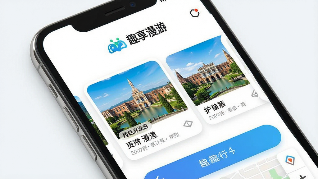 一张展示趣享漫游应用主界面的高清截图,主体为手机屏幕上的旅行路线规划页面,色彩明亮清新,布局简洁,上方显示“趣享漫游”品牌标识,下方排列着景点卡片与地图导航按钮,整体风格现代科技感,画面干净无多余元素,画质细腻。