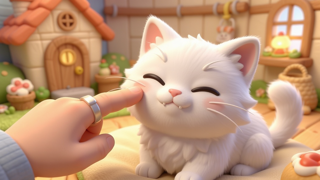 软萌宠物乐园中玩家用手指抚摸一只白色猫咪,猫咪眯眼享受,画面温馨,背景是温馨的小屋,卡通渲染,画质细腻柔和,无多余元素