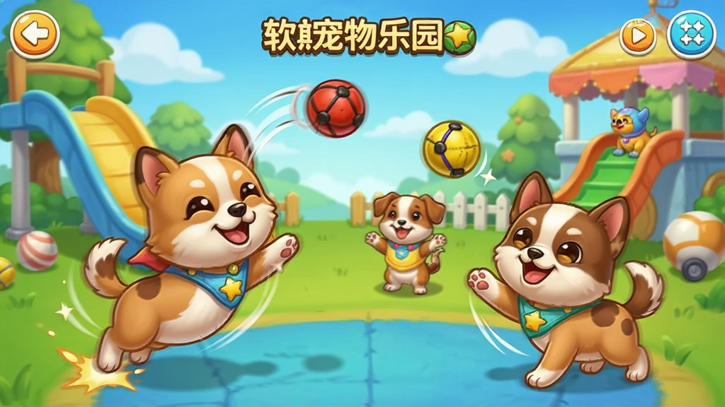 软萌宠物乐园的小游戏界面,宠物们在玩抛球接物游戏,画面动态感强,背景是乐园一角,卡通风格,清晰明亮,无多余元素
