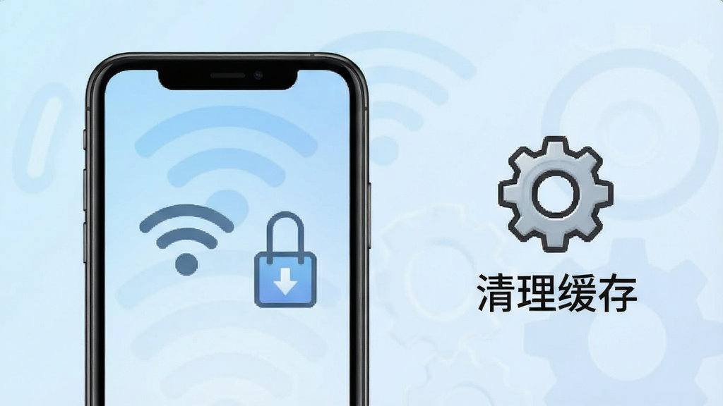 爱聊使用指南示意图,画面展示手机连接Wi-Fi和移动数据图标,旁边有齿轮设置图标与“清理缓存”文字,背景为浅蓝色渐变,布局清晰,风格简洁实用,细节精致,画质干净,无多余元素