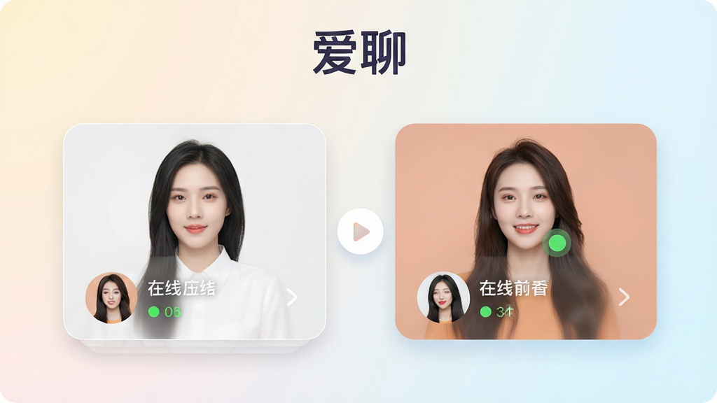 爱聊智能匹配界面截图,画面展示两个用户卡片左右滑动效果,卡片上有用户头像和在线状态,上方有“爱聊”品牌标识,背景为浅色渐变,布局清晰,风格时尚,细节圆润,画质干净明亮,无多余元素
