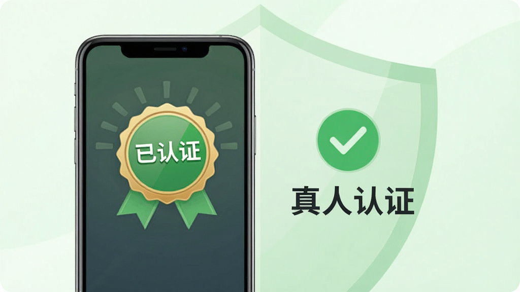 爱聊真人认证流程示意图,画面展示手机屏幕中“已认证”徽章样式,旁边有对勾图标和“真人认证”文字,背景为淡绿色盾牌形状,布局简洁,风格安全可靠,细节清晰,画质干净,无多余元素