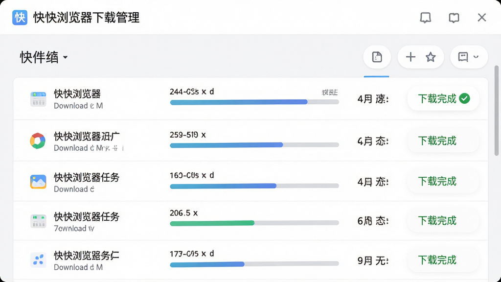 主体:快快浏览器下载管理界面,布局:界面中央显示下载任务列表,排版:列表包含文件名、进度条、速度、状态,风格:清爽简洁UI,细节:有“下载完成”绿色对勾,画质:高清,干净,无多余元素