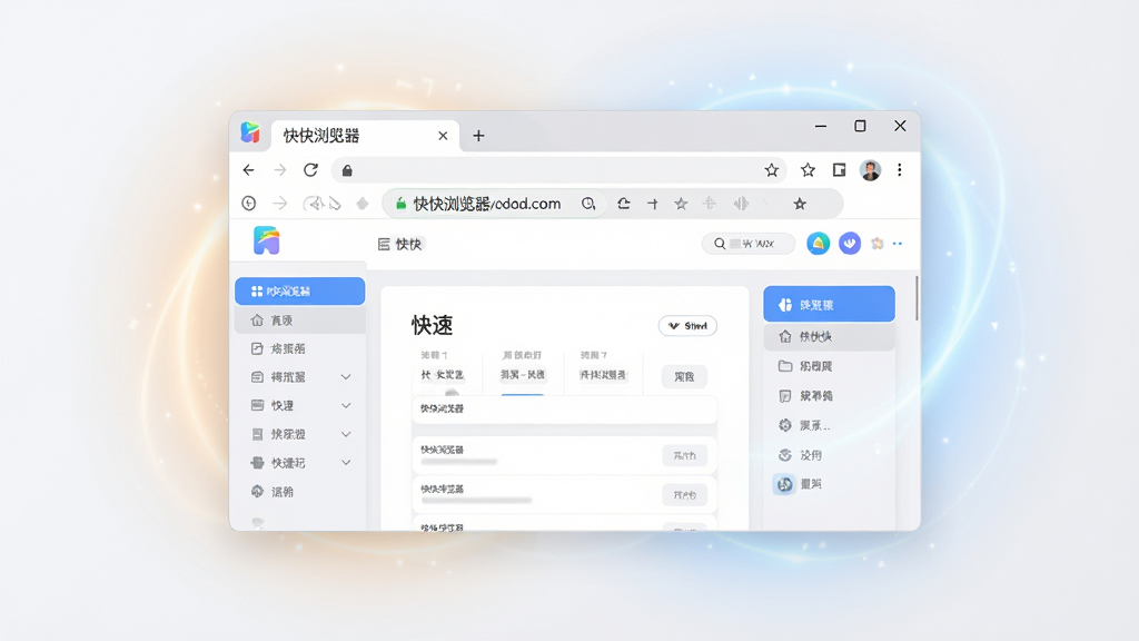 主体:快快浏览器软件界面展示,布局:居中显示浏览器主窗口,周边有柔和光效,排版:窗口内展示简洁的地址栏、标签页和快速导航页面,风格:现代扁平化设计,细节:界面图标清晰,标签页有“快快浏览器”字样,画质:高清,干净,无多余元素