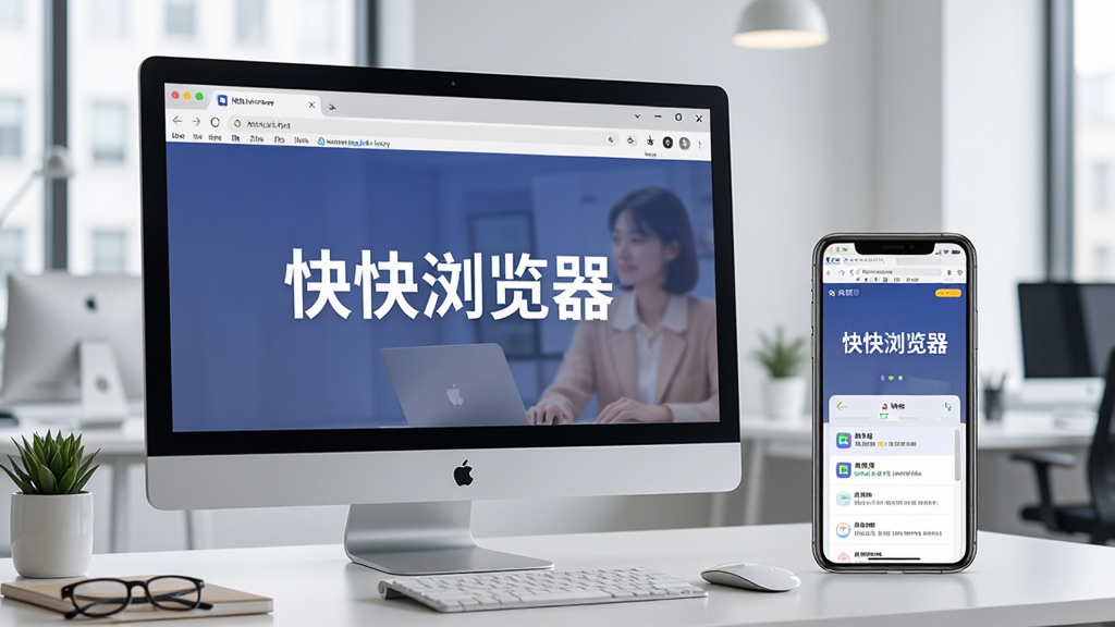 主体:快快浏览器使用场景,布局:电脑屏幕显示快快浏览器界面,旁边有手机展示移动端同步,排版:左电脑右手机,风格:现代办公室场景,细节:屏幕上有“快快浏览器”字样,画质:高清,干净,无多余元素