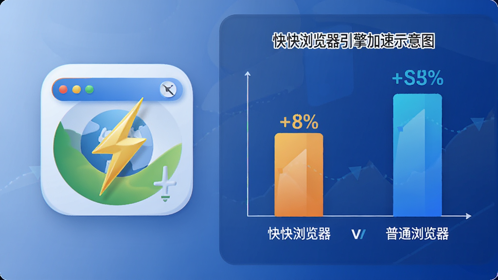 主体:快快浏览器引擎加速示意图,布局:左侧为浏览器图标,右侧为速度对比图表,排版:图表展示“快快浏览器”与普通浏览器的加载速度差异,风格:科技感插画,细节:浏览器图标上有闪电符号,画质:高清,干净,无多余元素