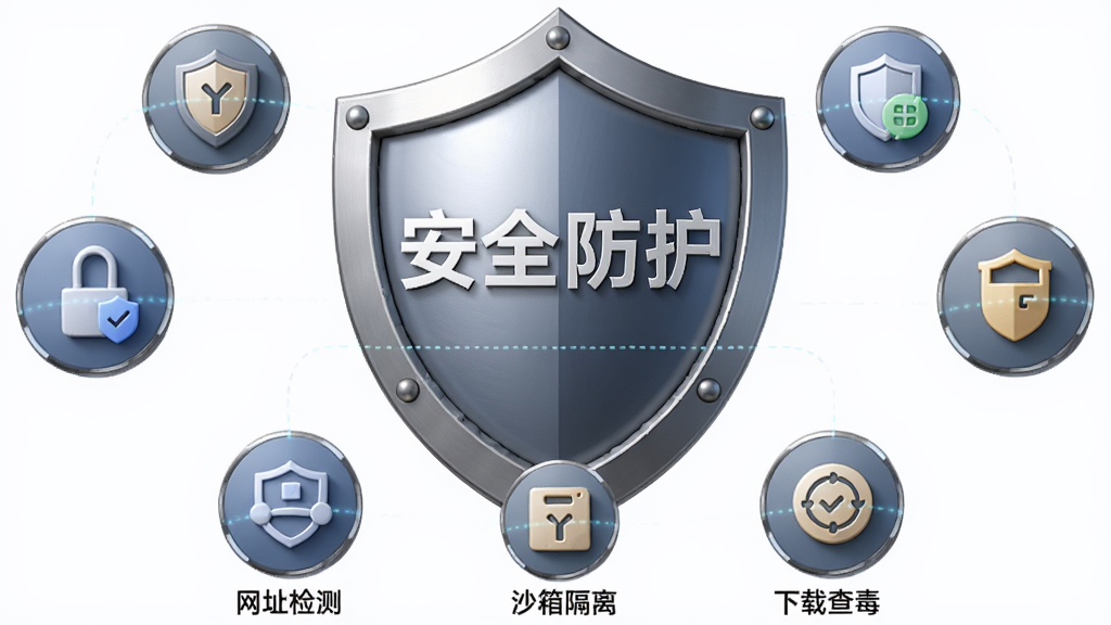 主体:快快浏览器安全防护盾牌图标,布局:盾牌位于画面中央,周围环绕安全功能图标,排版:盾牌上有“安全防护”字样,下方排列网址检测、沙箱隔离、下载查毒等图标,风格:写实3D渲染,细节:盾牌金属质感,光效柔和,画质:高清,干净,无多余元素
