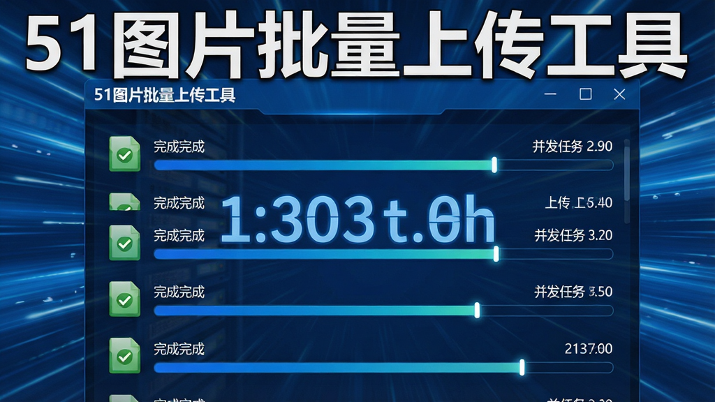 一张展示软件高速上传状态的截图,主体为“51图片批量上传工具”的传输界面,多个文件并行上传,进度条快速前进,背景有流动的速度线条特效,布局重点突出上传速度数值与并发任务数,设计风格充满科技感,蓝色调为主,细节包括完成文件打勾标记,画质锐利,无多余元素,图片上方有软件名称水印“51图片批量上传工具”