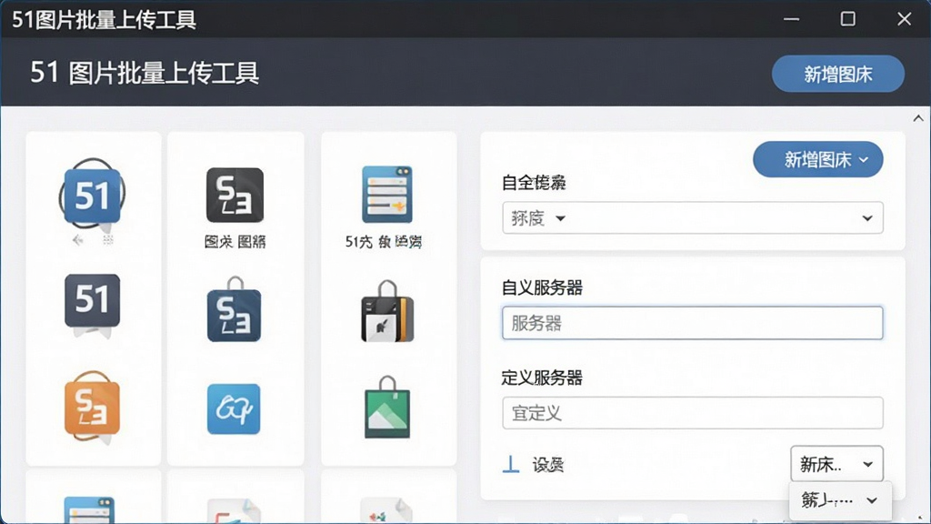 展示软件配置界面的图片,主体为“51图片批量上传工具”的设置面板,罗列着多个图床图标与自定义服务器输入框,布局清晰有序,采用卡片式设计,风格简洁商务,细节包括“新增图床”按钮和下拉菜单,画质干净明亮,无多余元素,界面角落显示软件名称“51图片批量上传工具”